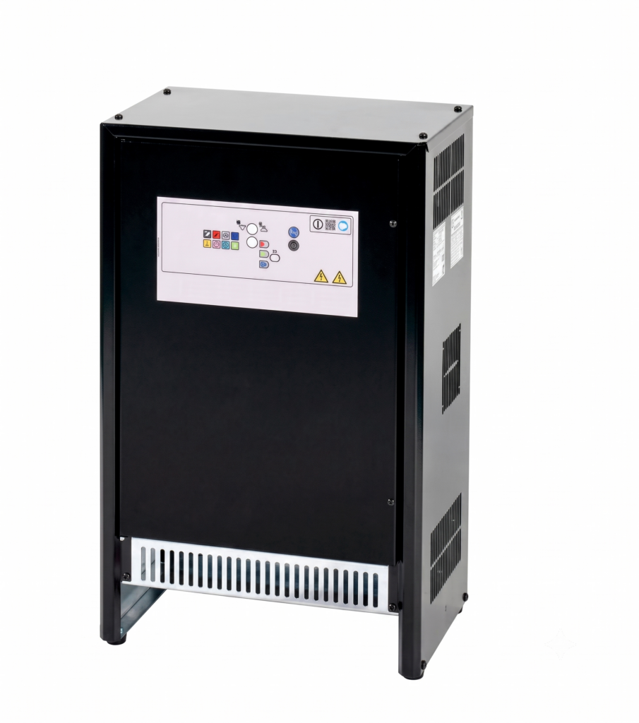 Cargador industrial para baterías de montacargas eléctricos.